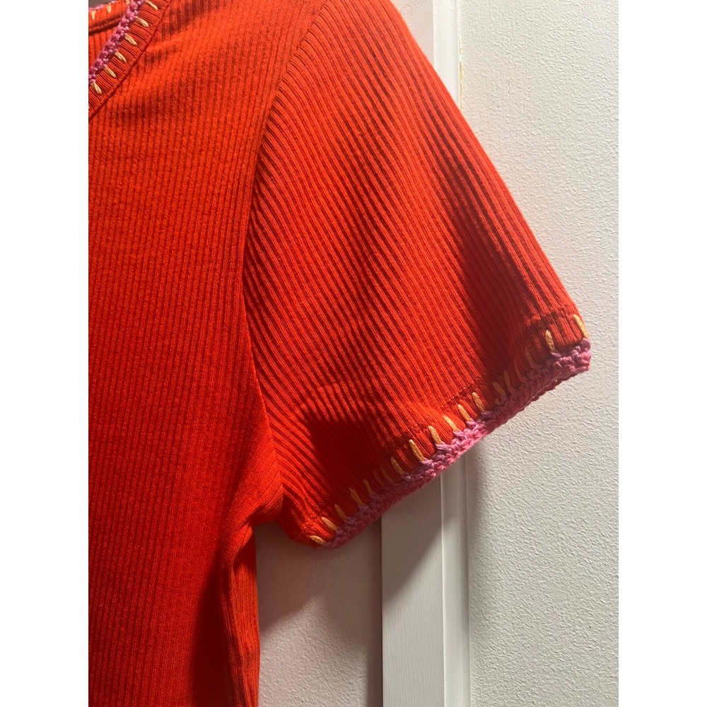 J.Crew Womens Orange Ribbed Short Sleeve Top Crochet Trim Crew Neck Medium NWT - Picture 4 of 6